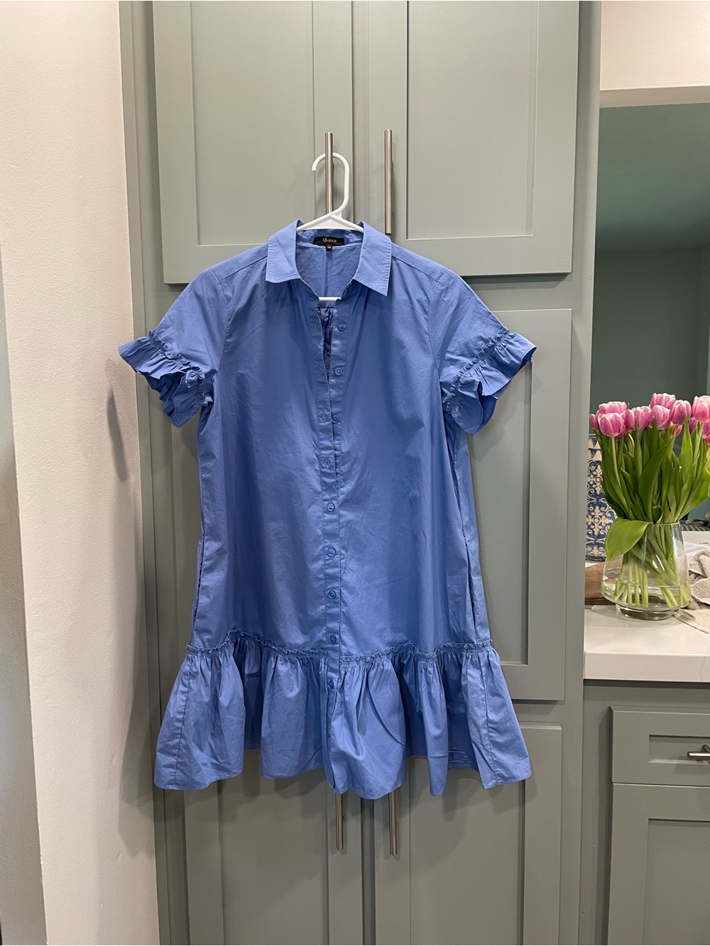 Quince Blue Ruffle-Hem Mini Shirt Dress